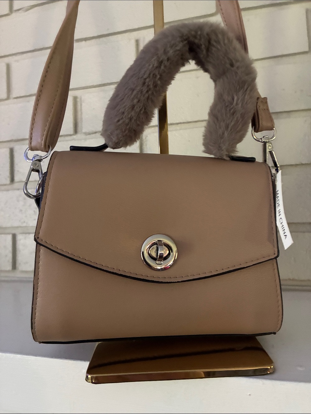 Taupe Faux-Leather Top Handle Crossbody Bag